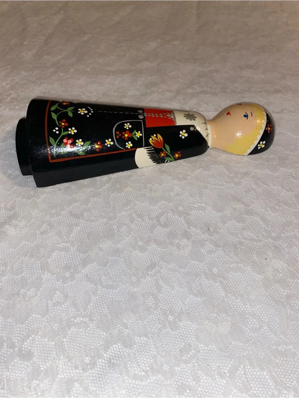Hand-Painted Norwegian Folk Art Wooden Doll with Floral dress